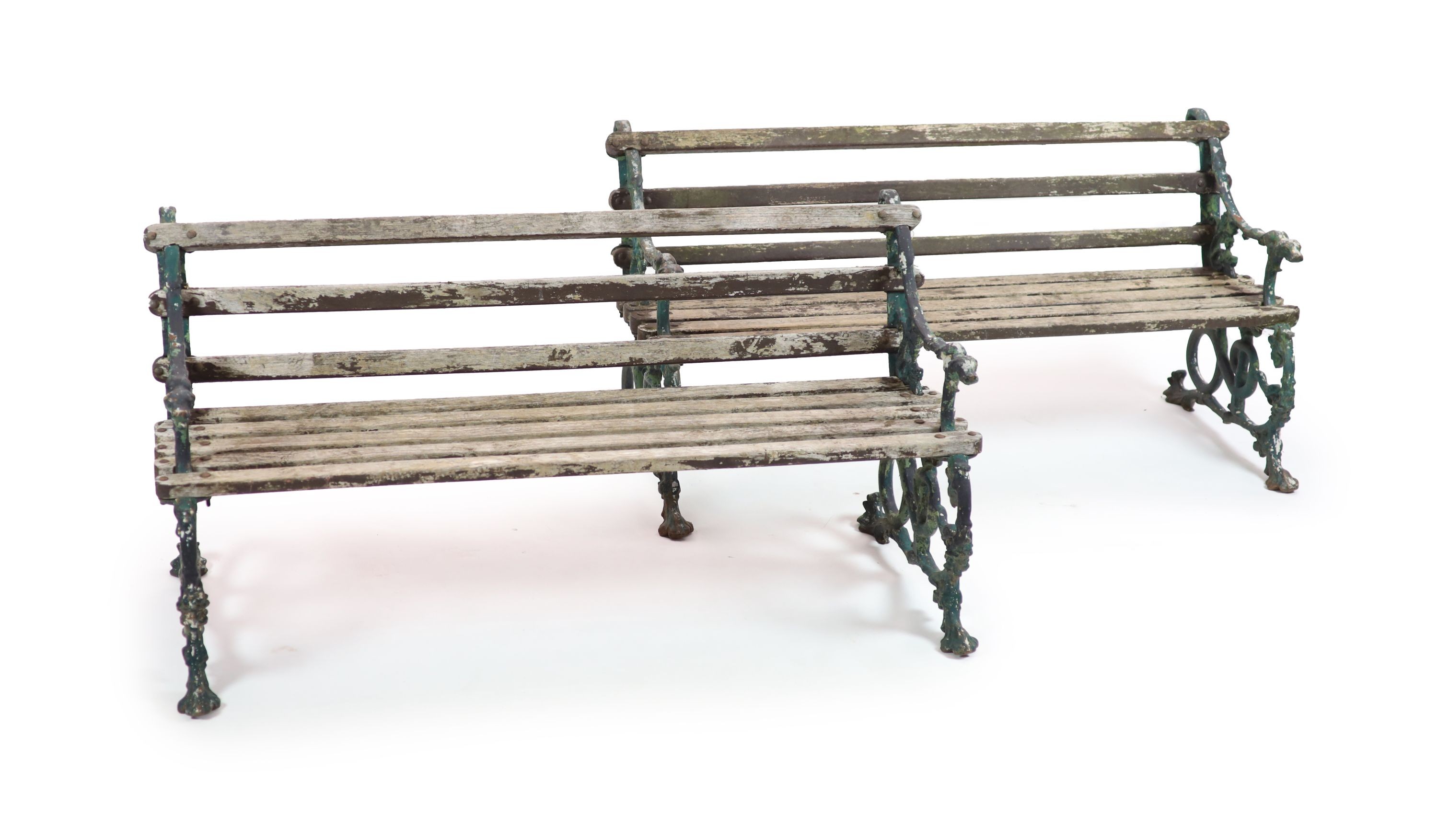 A pair of Victorian Coalbrookdale cast iron 'Grape and serpent' garden benches H 76cm. W 160cm. D 64cm.